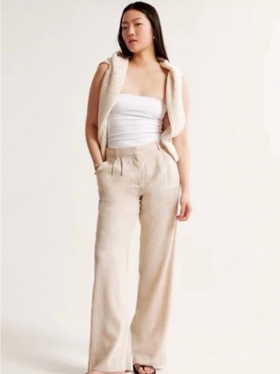 Abercrombie & Fitch Pants - Abercrombie & Fitch Beige New High-Waist Wide-Leg Linen Blend Pants